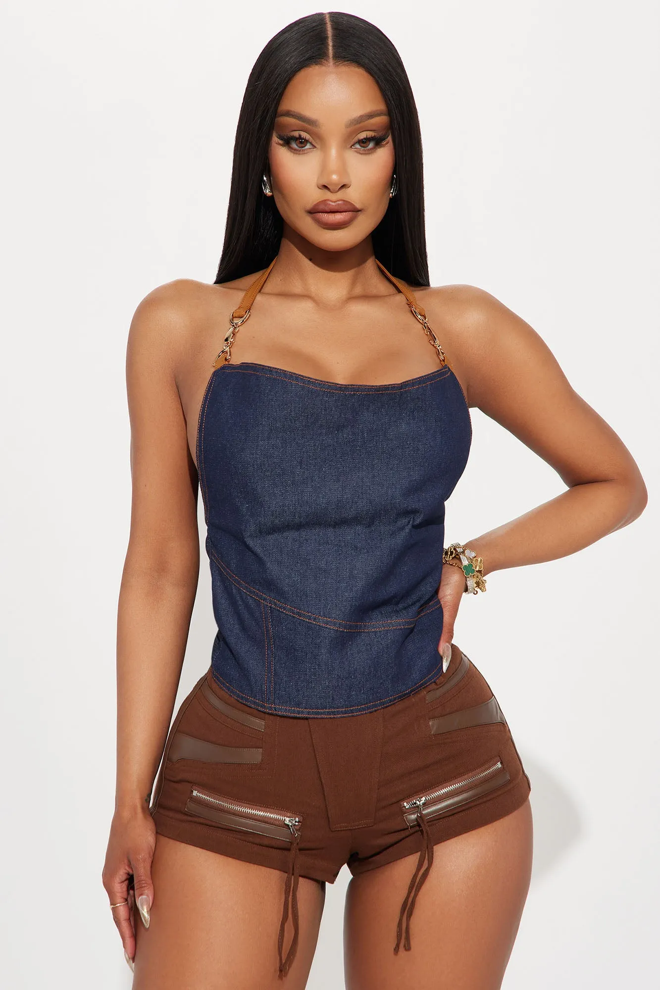 Desi Denim Halter Top - Dark Wash sold by Fashion Nova
