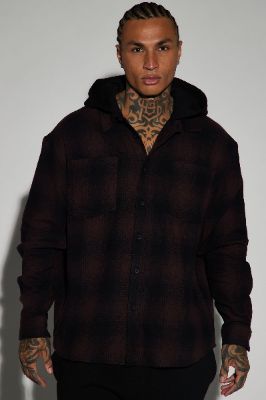 Time Gon Tell Hooded Oversized Shacket - Burgundy/combo sold by Fashion Nova