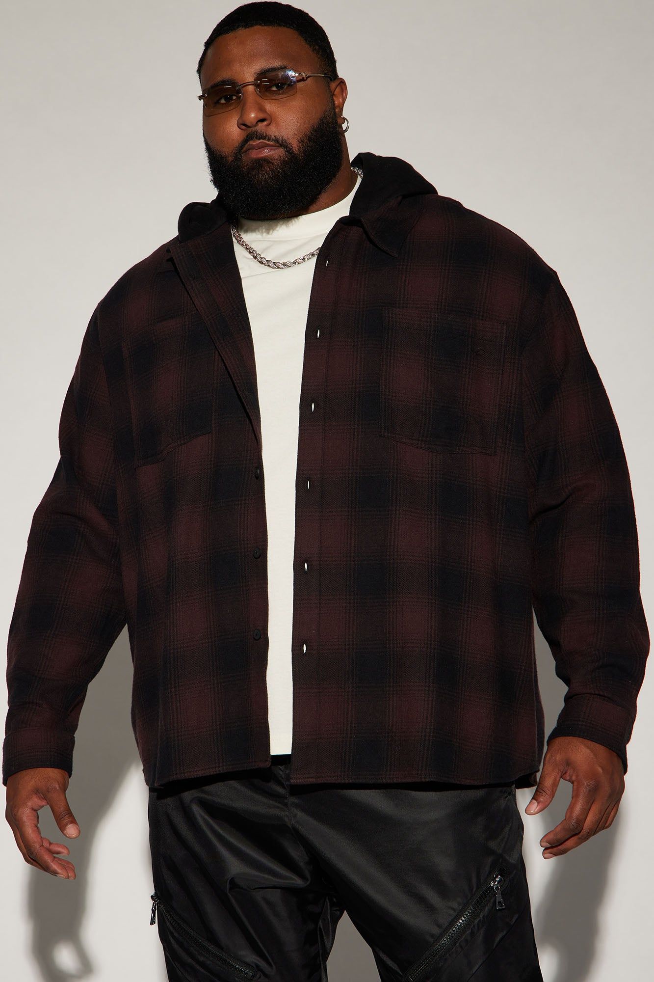 Time Gon Tell Hooded Oversized Shacket - Burgundy/combo sold by Fashion Nova product image thumbnail 4