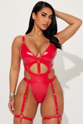Secretly Naughty Vinyl Strappy Garter Teddy - Red sold by Fashion Nova