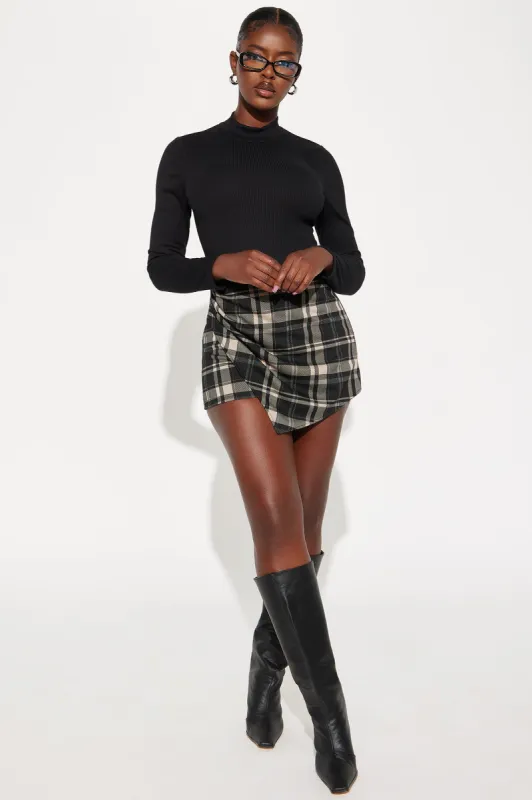 Wendy Plaid Skort Romper - Black/combo sold by Fashion Nova