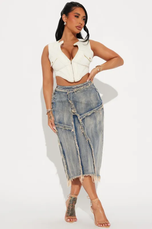In Time Washed Denim Midi Skirt - Medium Wash sold by Fashion Nova