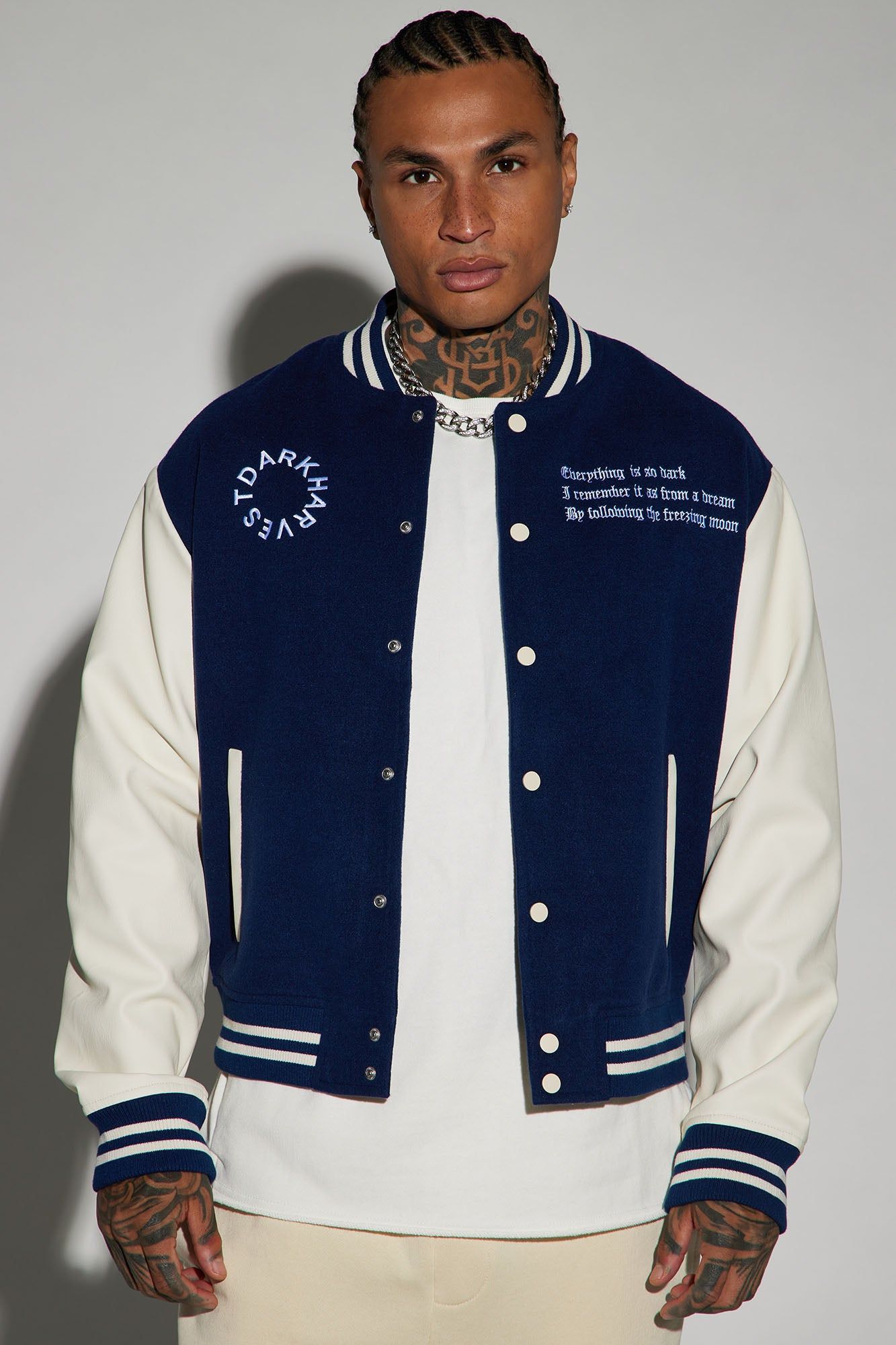 Dark Harvest Varsity Jacket - Navy sold by Fashion Nova