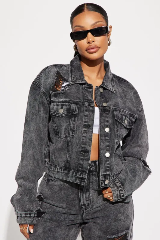 Left No Crumbs Ripped Denim Jacket - Black Wash sold by Fashion Nova
