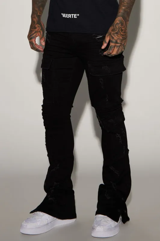 On The Set Stacked Skinny Snap Flare Jeans - Black sold by Fashion Nova