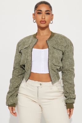 Not So Tough Cropped Bomber Jacket - Olive sold by Fashion Nova