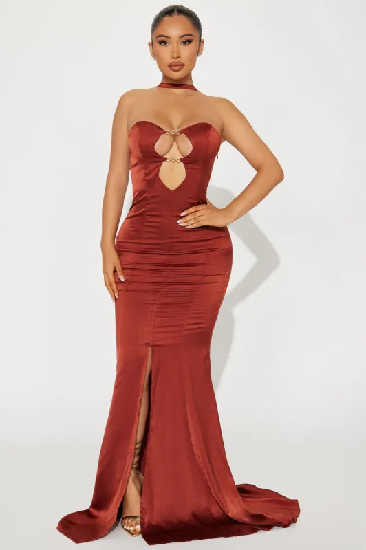 Linda Satin Cut Out Maxi Dress - Rust sold by Fashion Nova