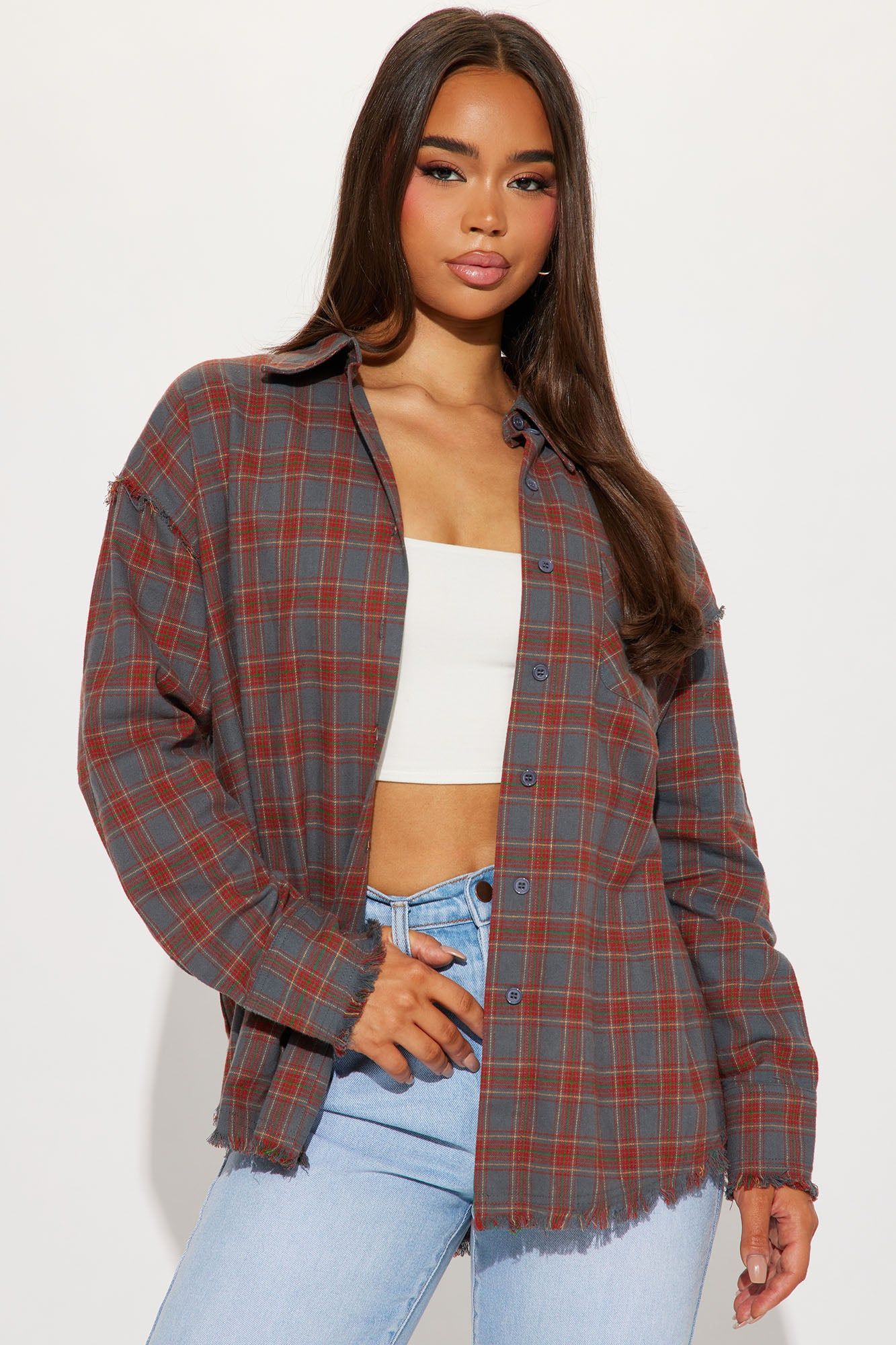 Western Mood Plaid Shirt - Grey/combo sold by Fashion Nova