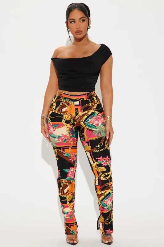 Chains For Vacay Printed Stacked Pant - Orange/combo sold by Fashion Nova