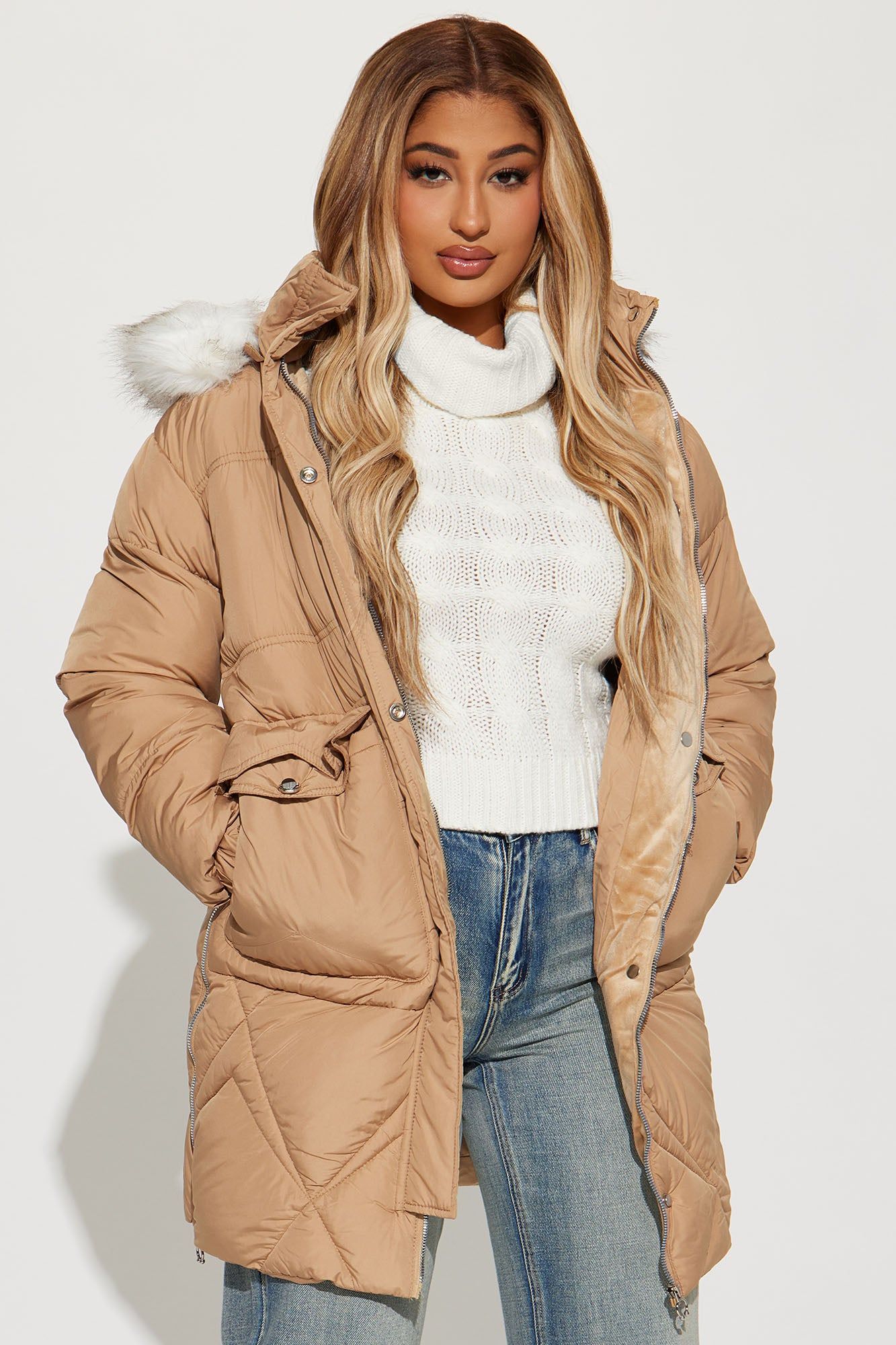 Elsa Long Puffer Jacket - Sand sold by Fashion Nova