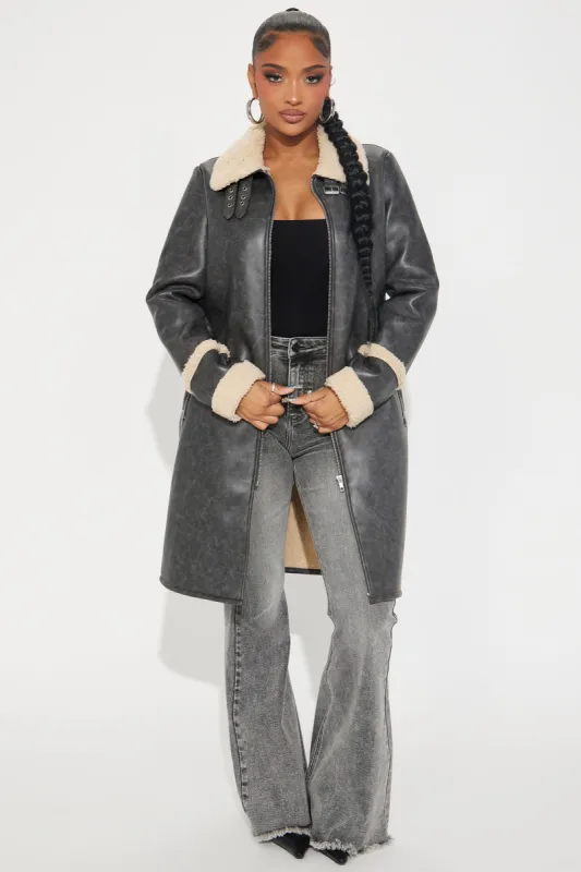 No Pressure Washed Faux Leather Trench - Charcoal sold by Fashion Nova