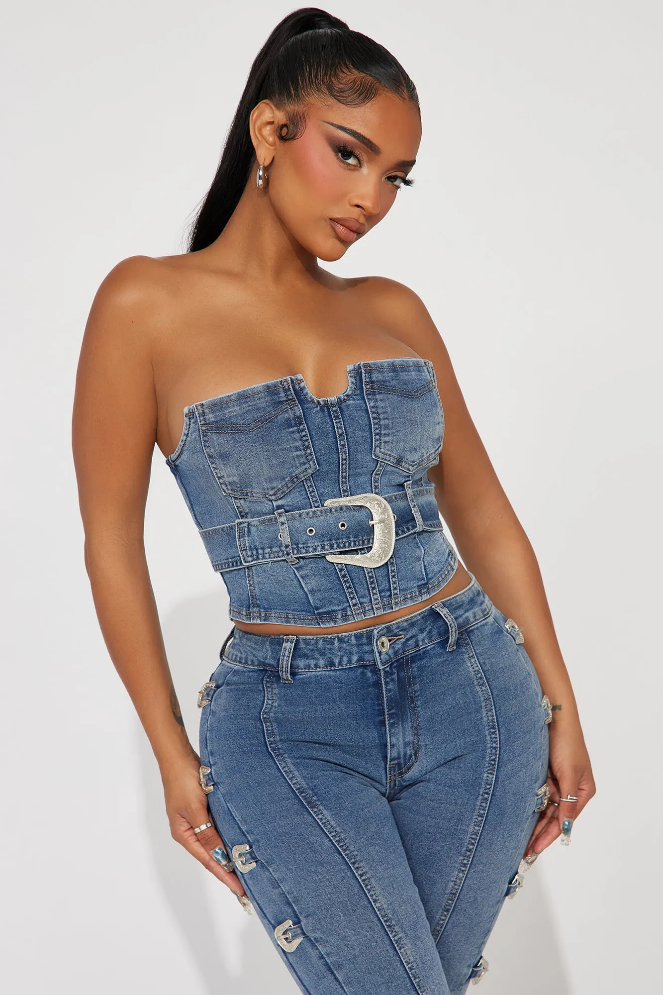 Buckle Bunny Denim Corset Top - Medium Wash sold by Fashion Nova