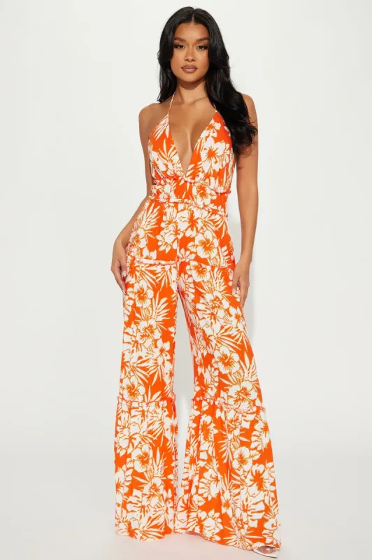 Puerto Vallarta Jumpsuit - Orange/combo sold by Fashion Nova
