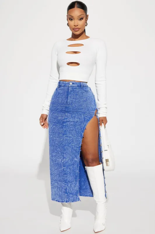 Meghan Mineral Wash Denim Maxi Skirt - Blue sold by Fashion Nova