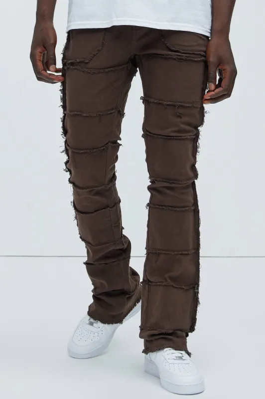Your Way Frayed Stacked Skinny Flare Pants - Dark Brown sold by Fashion Nova