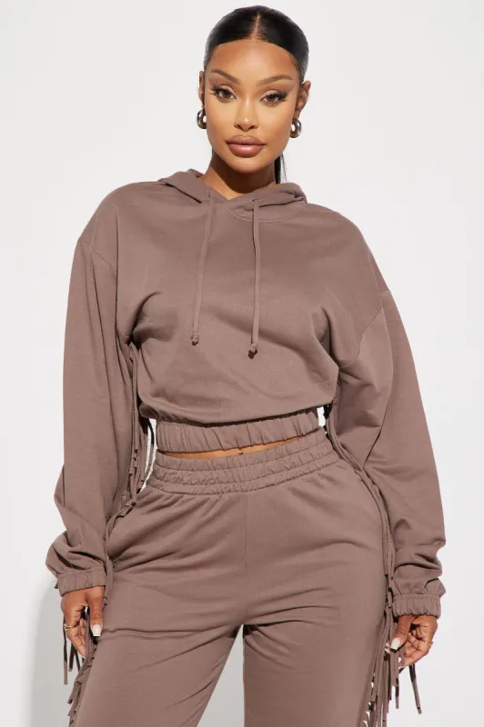 Addison Fringe French Terry Lounge Hoodie - Taupe made by Fashion Nova