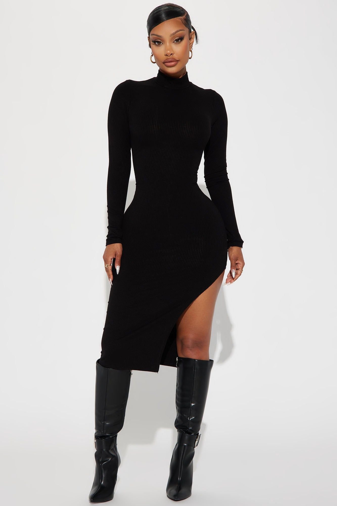Ashley Ribbed Midi Dress - Black sold by Fashion Nova