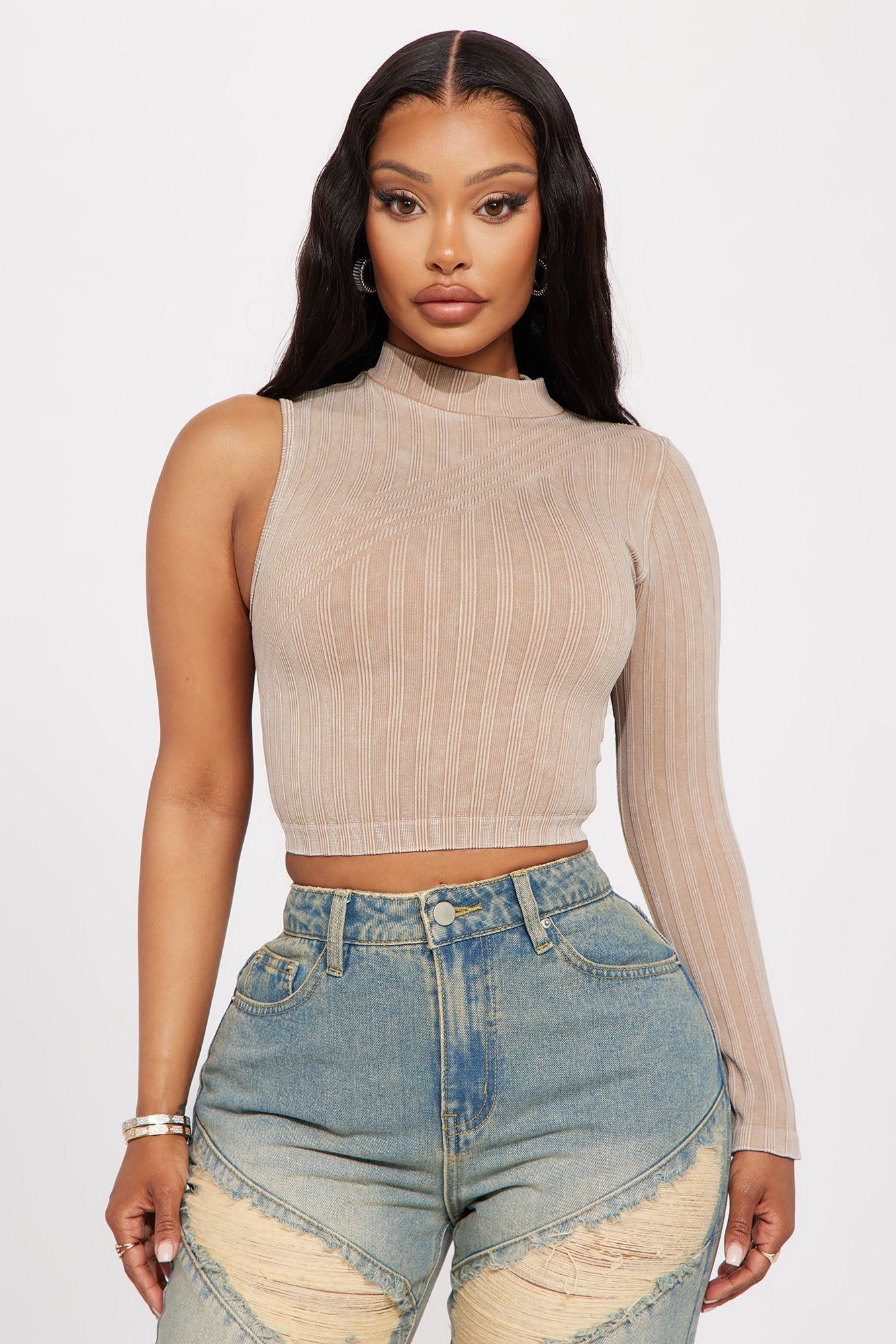 Gina Washed One Shoulder Top - Mocha sold by Fashion Nova