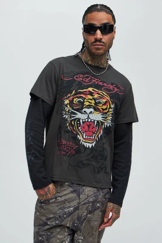 Ed Hardy Tiger Head Thermal Long Sleeve - Charcoal/combo sold by Fashion Nova