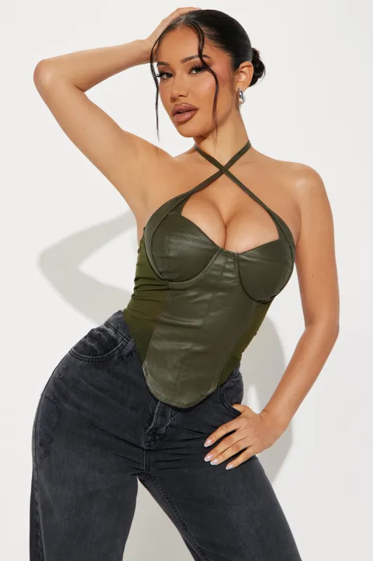All I Needed Leather Corset Top - Olive sold by Fashion Nova