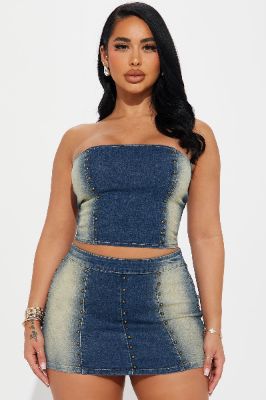 Roxanne Denim Washed Skirt Set - Dark Wash sold by Fashion Nova