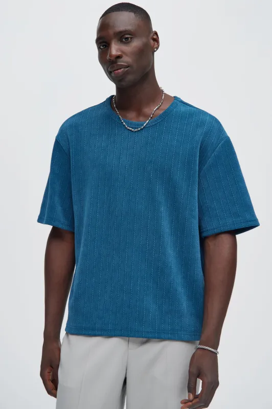 Cefalo Sweater Textured Relaxed Short Sleeve Tee - Blue sold by Fashion Nova