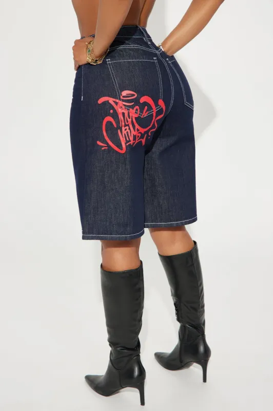 Riled Up Graffiti Denim Jorts - Dark Wash sold by Fashion Nova