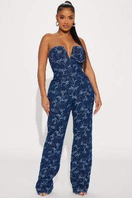 Won't Be Late Denim Jumpsuit - Dark Wash sold by Fashion Nova