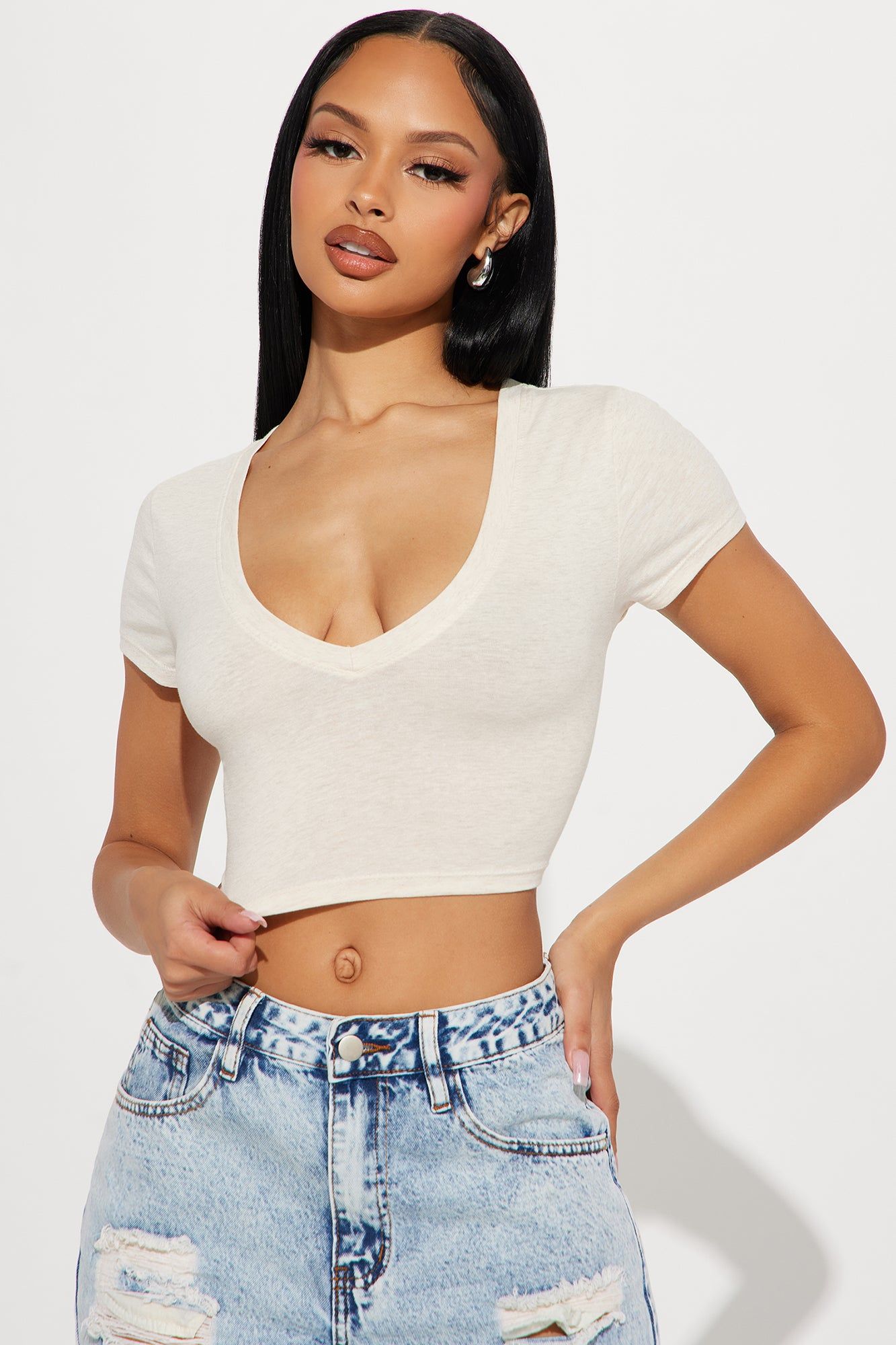 Veronica V-Neck Crop Top - Oatmeal sold by Fashion Nova