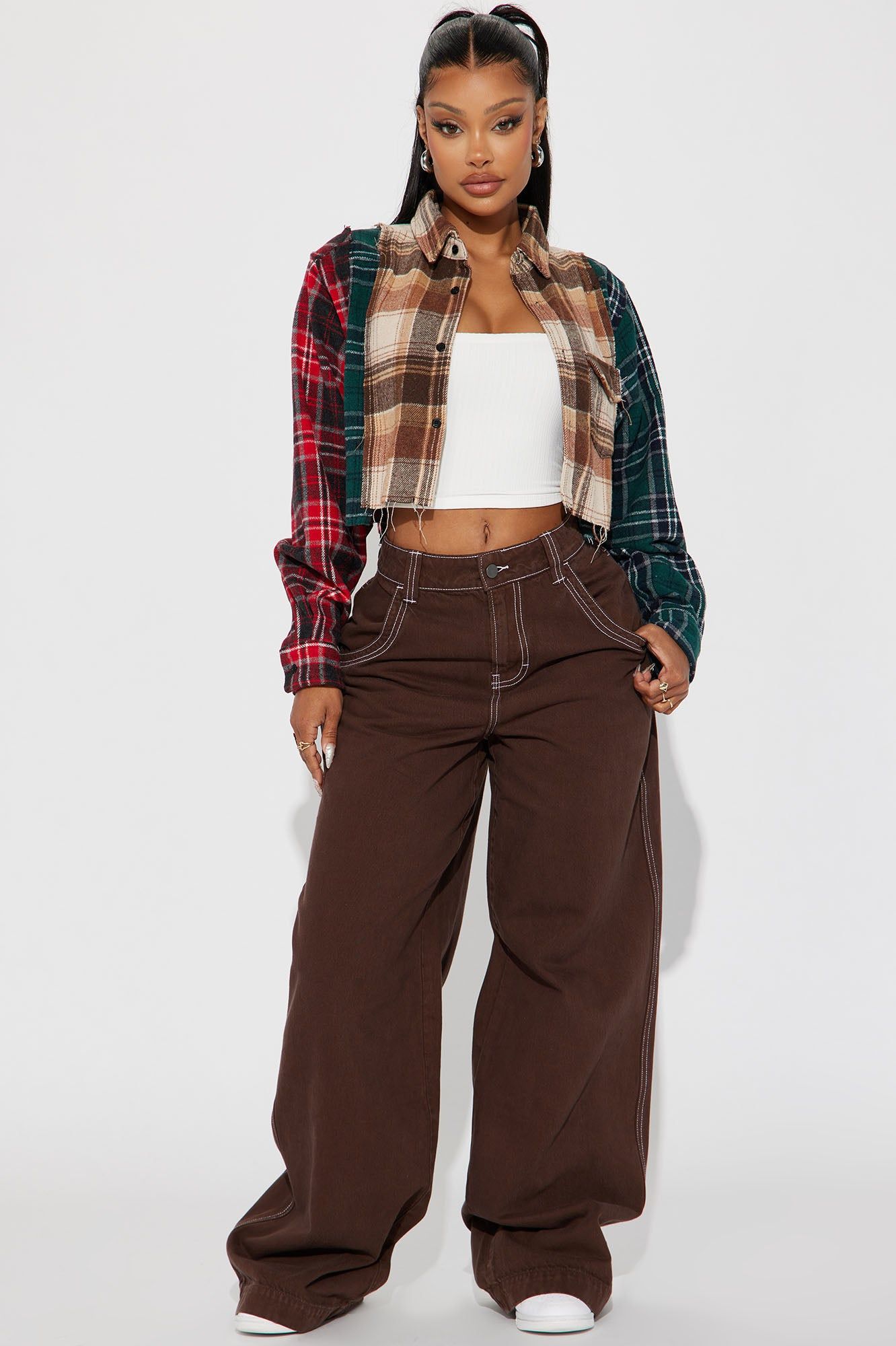 Fall Feeling Cropped Plaid Shirt - Brown Combo sold by Fashion Nova product image thumbnail 2