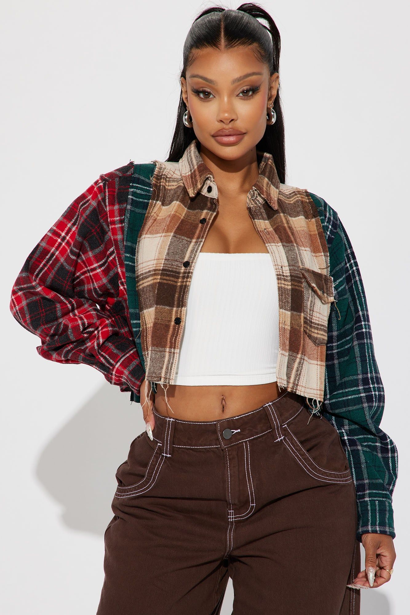 Fall Feeling Cropped Plaid Shirt - Brown Combo sold by Fashion Nova