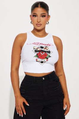 Ed Hardy Cross Rhinestone Tank - White made by Fashion Nova