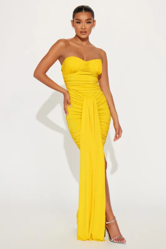 Catherine Ruched Maxi Dress - Yellow sold by Fashion Nova
