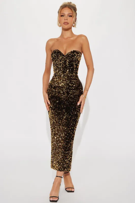 Becka Sequin Midi Dress - Gold/Black sold by Fashion Nova