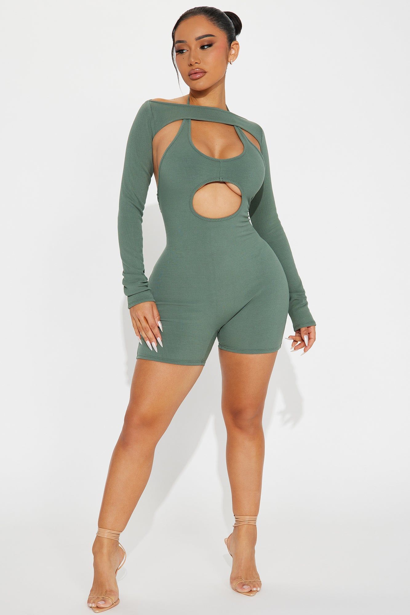 Karah Snatched Romper - Olive 2 sold by Fashion Nova