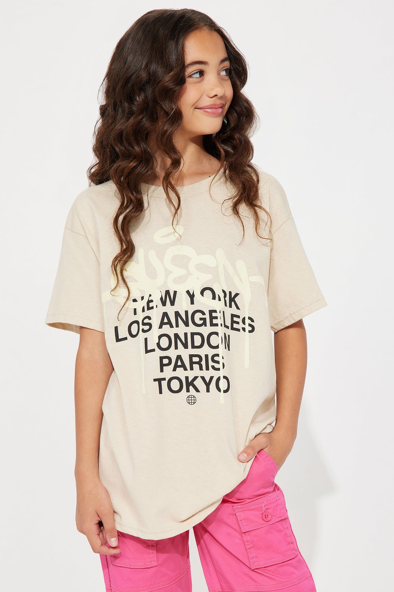 Mini Queen Street Graphic Tee - Sand sold by Fashion Nova