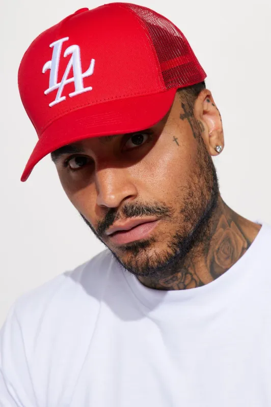 LA Twill Trucker Hat - Red sold by Fashion Nova