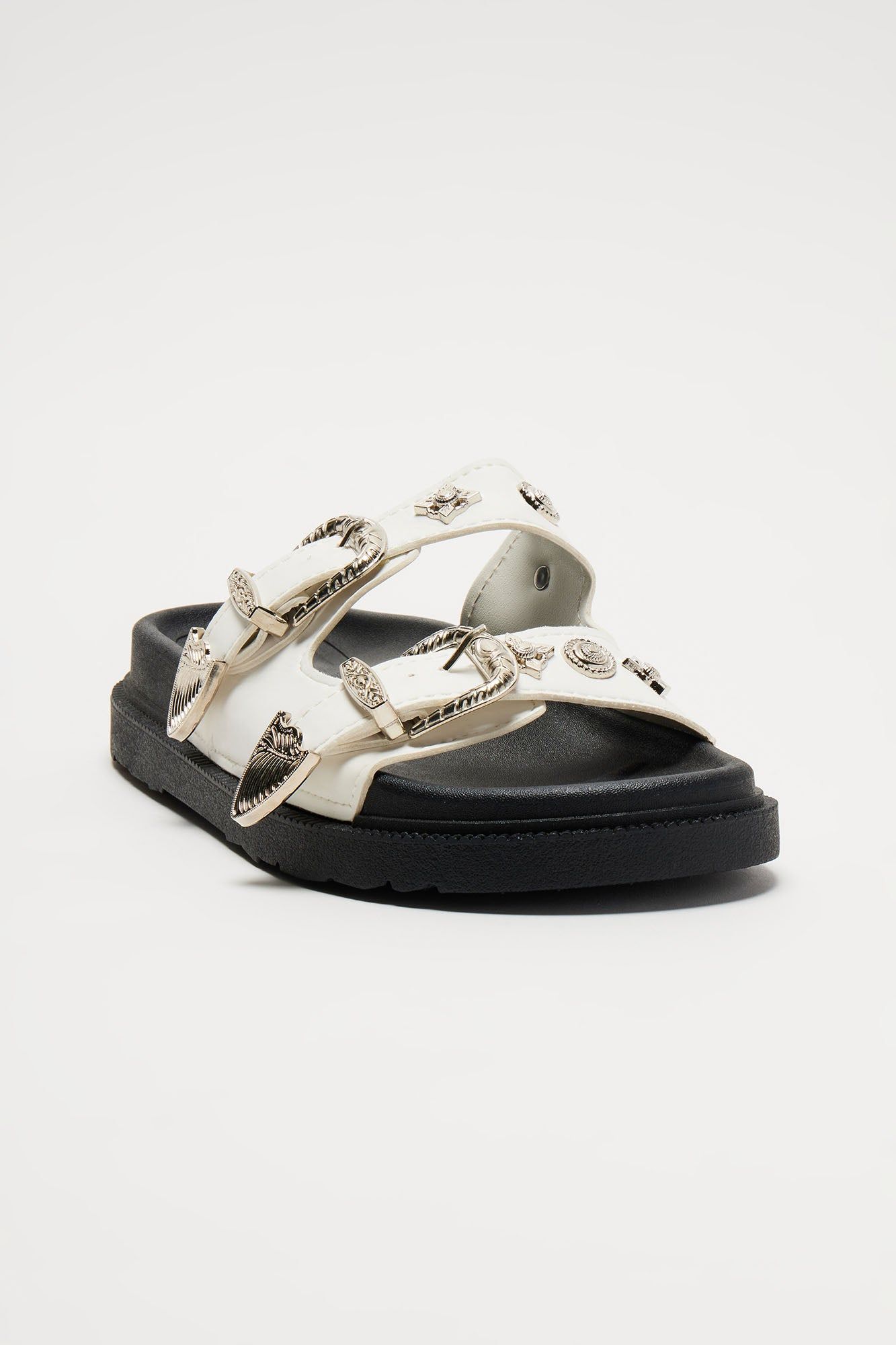 Talk About That Buckle Flat Sandals - White sold by Fashion Nova