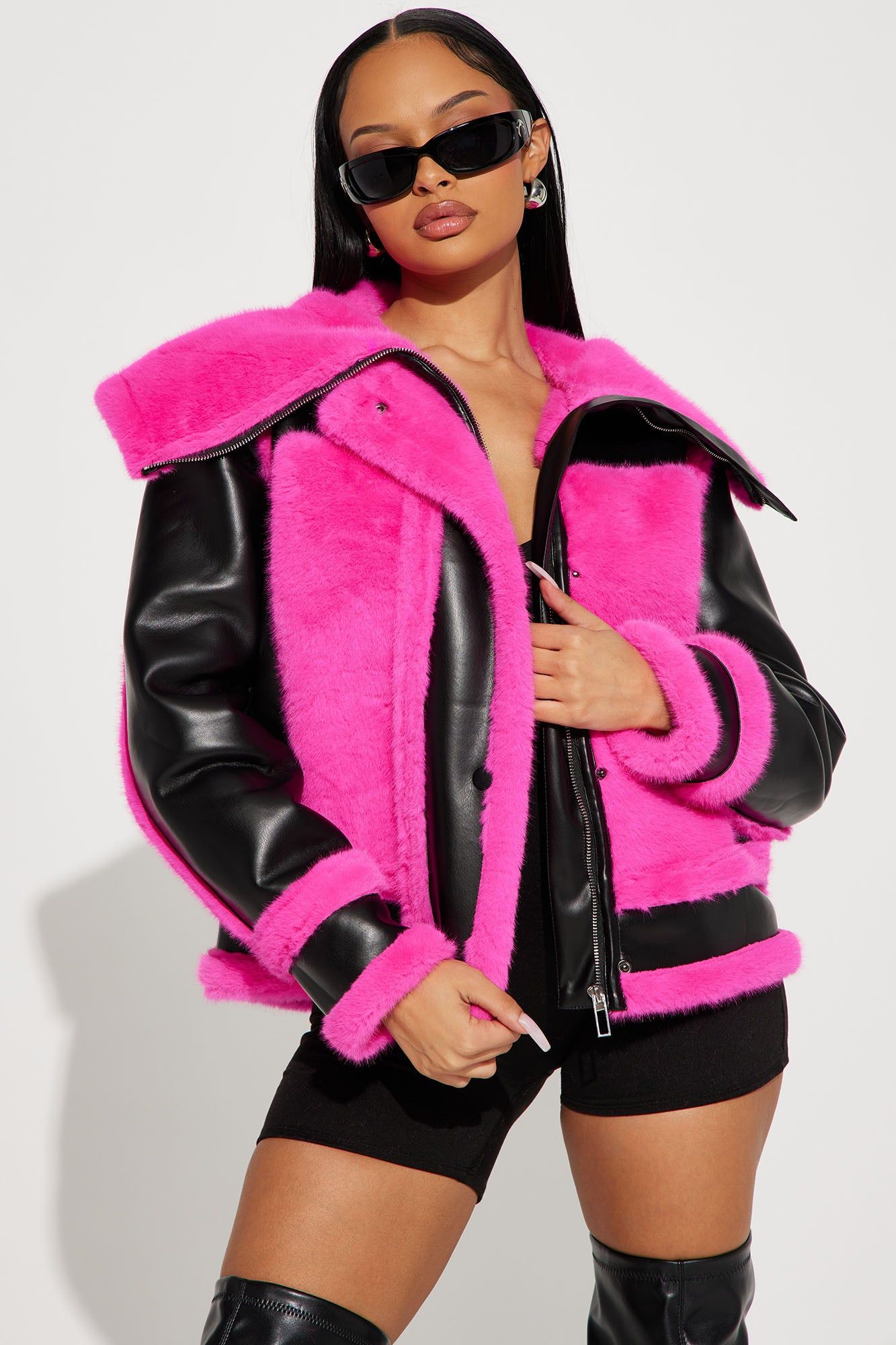 Be Fur Real Moto Jacket - Black/Pink sold by Fashion Nova