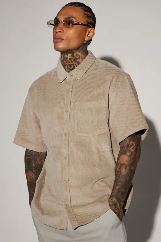Corduroy Button Down Short Sleeve Woven Top - Taupe sold by Fashion Nova