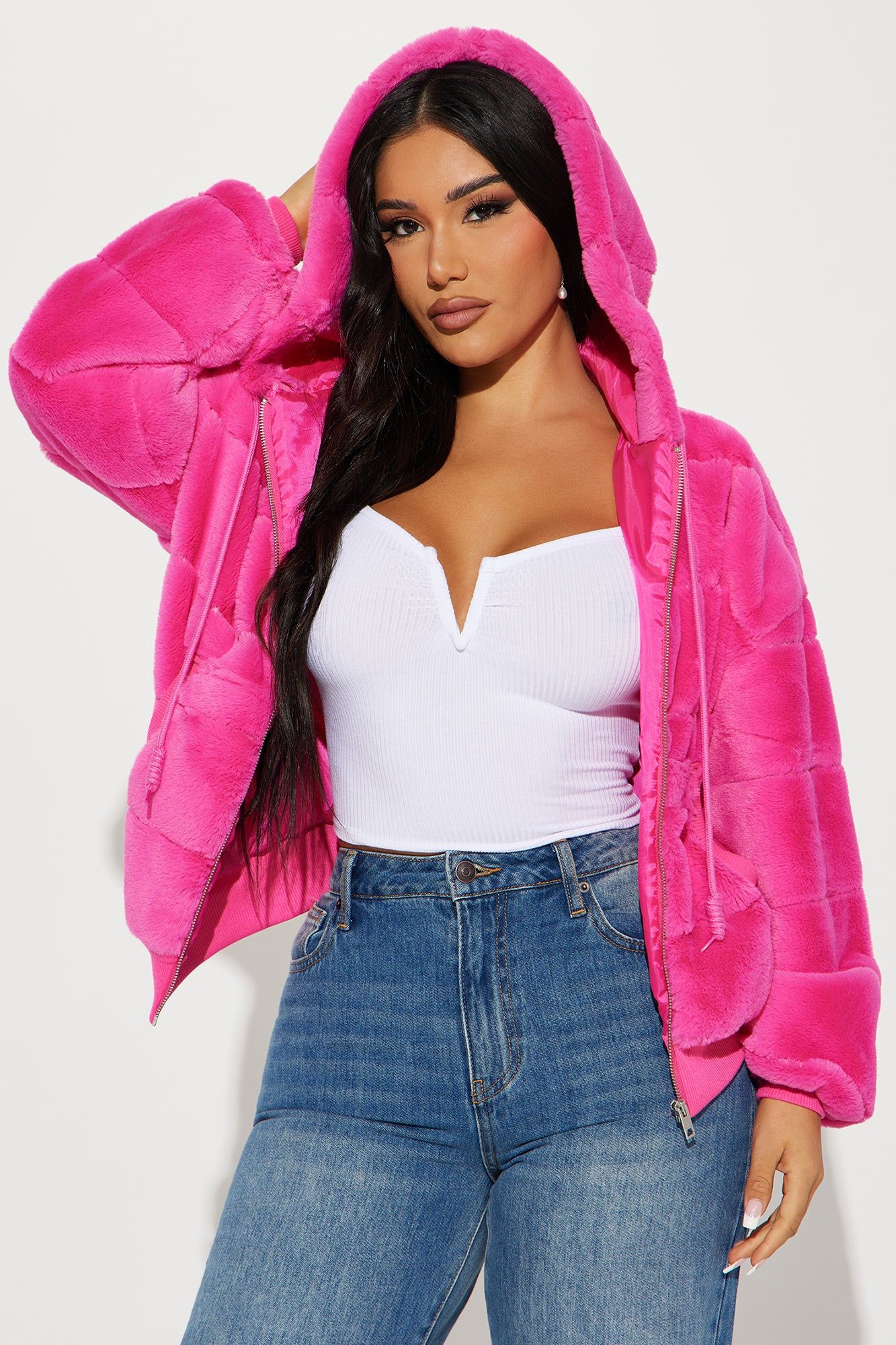 So Delighted Faux Fur Puffer Jacket - Pink sold by Fashion Nova