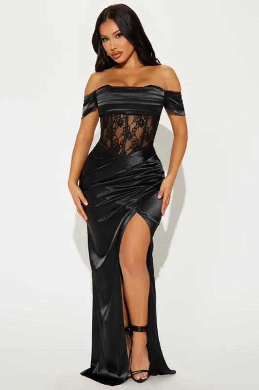 Perfection Satin Lace Gown - Black sold by Fashion Nova
