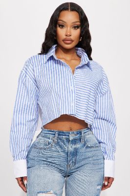 Sail Away Striped Shirt - White/Blue sold by Fashion Nova
