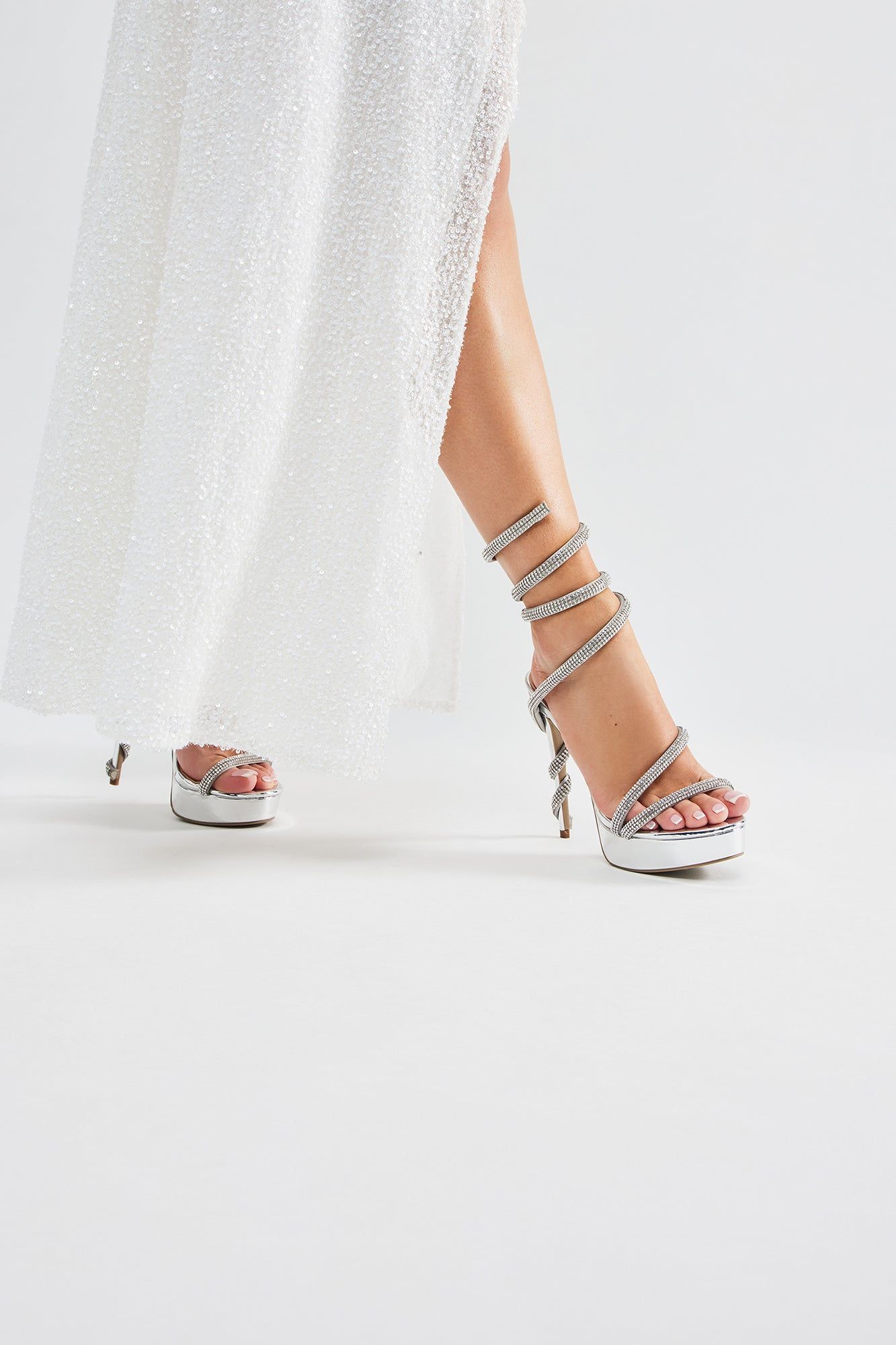Chasing Me Embellished Wrap Up Heels - Silver sold by Fashion Nova