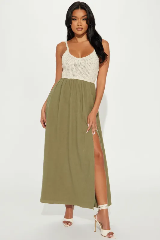 Vacation In The Tropics Maxi Dress - Olive/combo sold by Fashion Nova