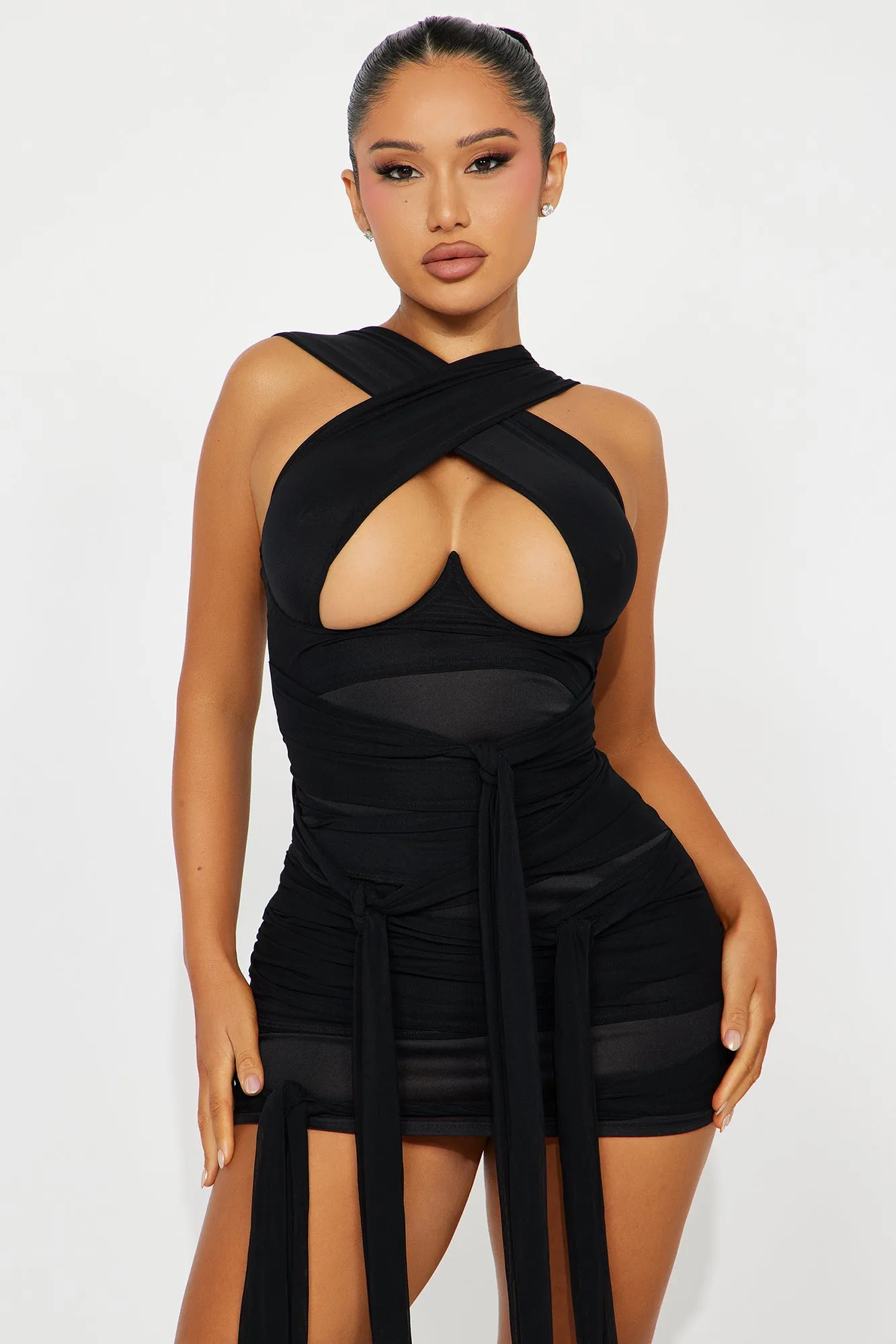 Tied To You Mesh Micro Mini Dress - Black | Parallel