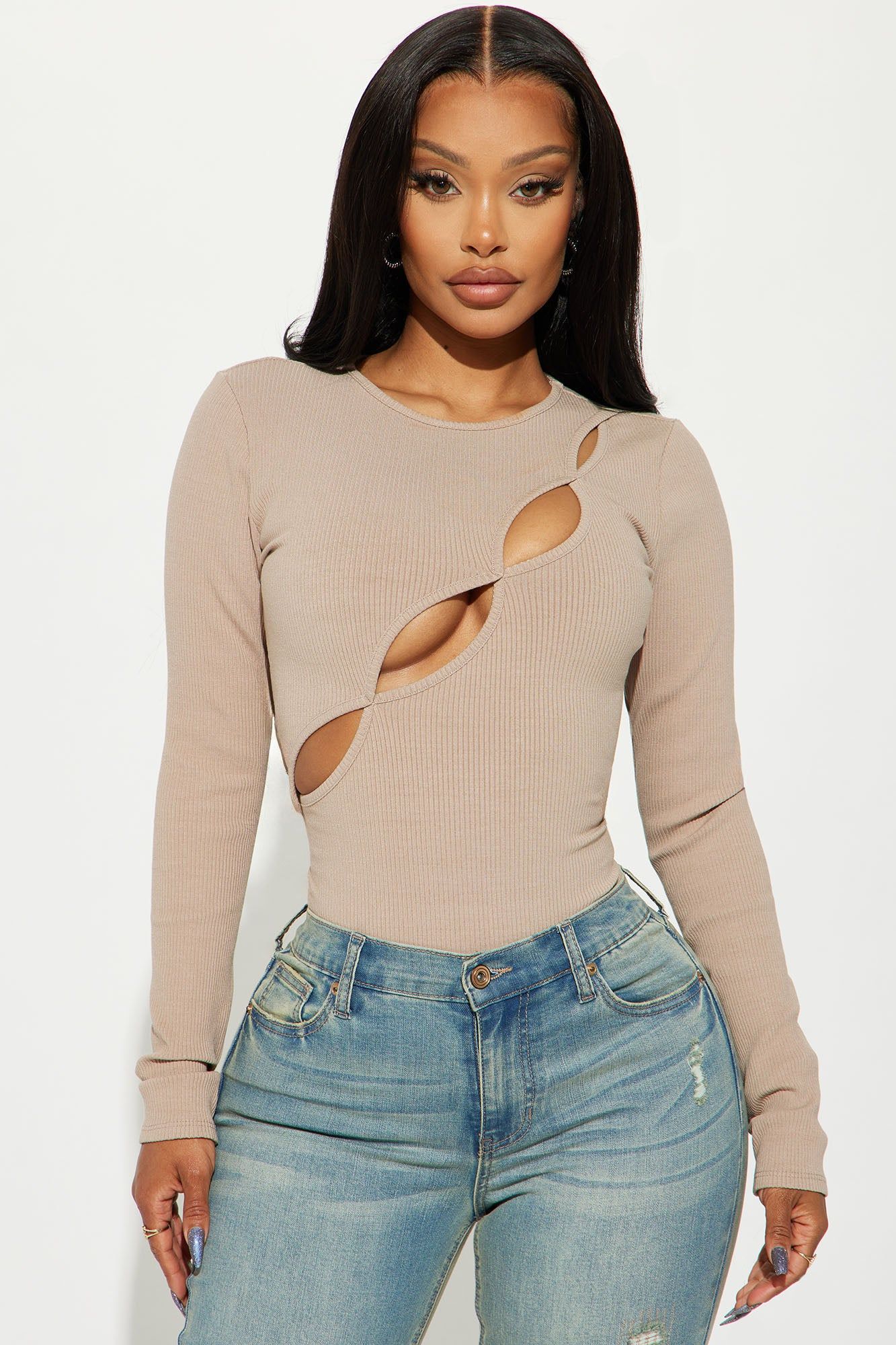 Kim Long Sleeve Cut Out Bodysuit - Taupe sold by Fashion Nova product image thumbnail 3