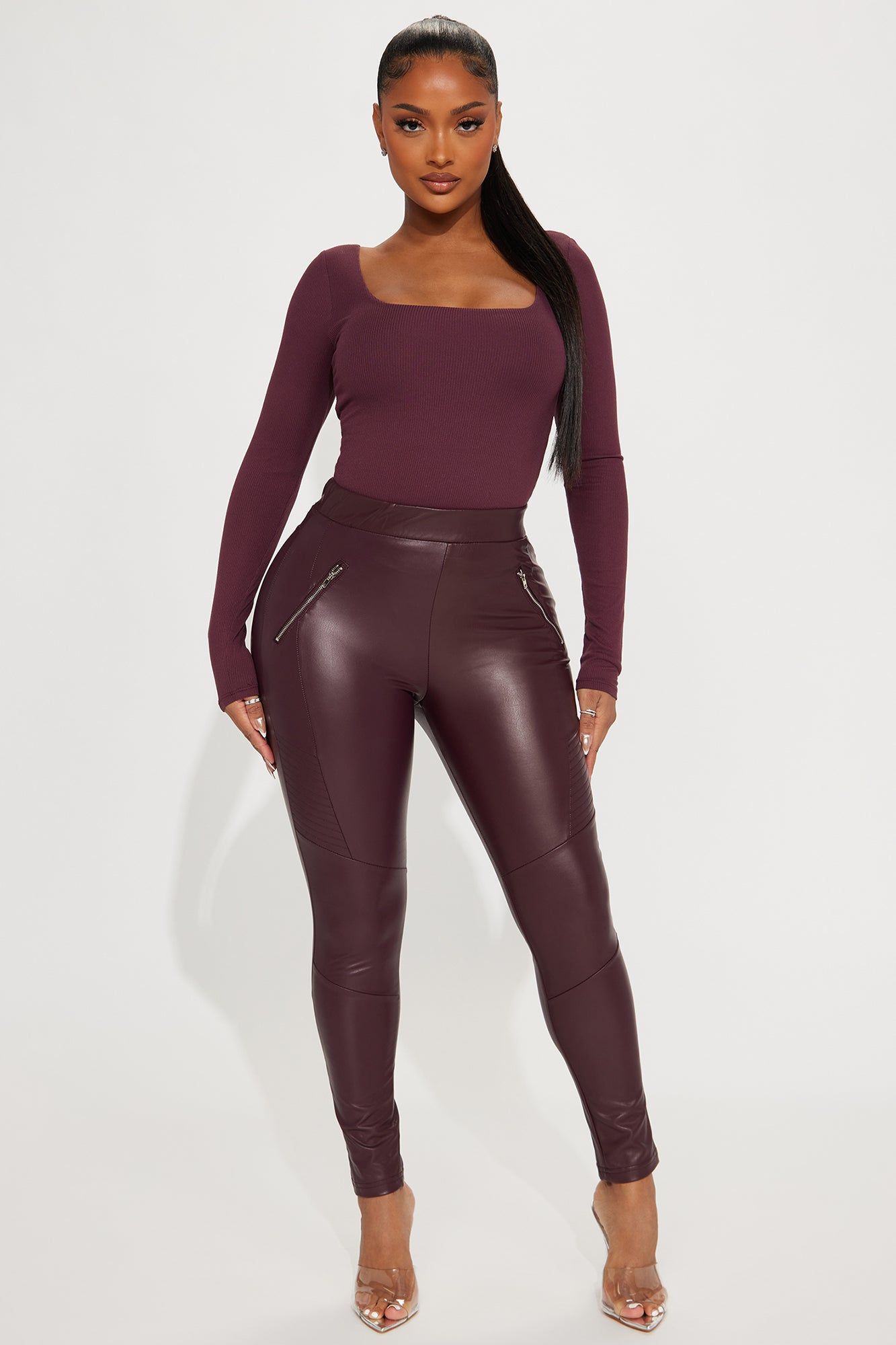 No Love Faux Leather Moto Legging - Burgundy sold by Fashion Nova