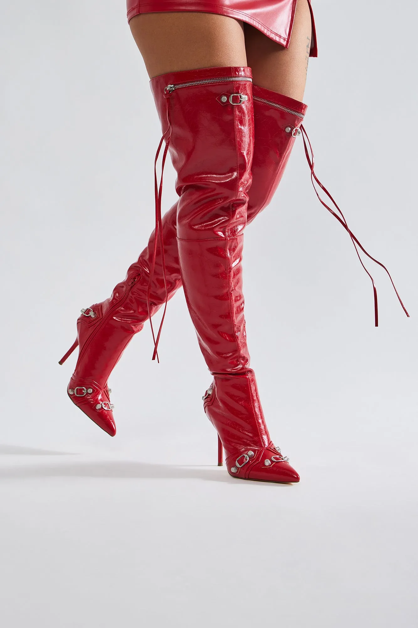 Camila Over The Knee Hardware Boots - Red sold by Fashion Nova