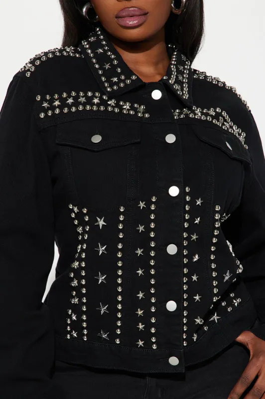 Star Studded Event Embellished Trucker Jacket - Black sold by Fashion Nova